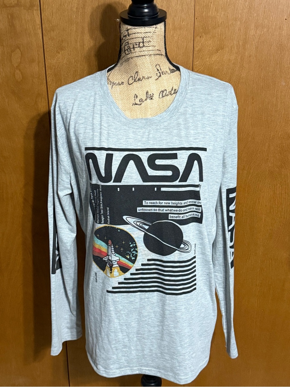 NASA Graphic Long Sleeve Tee - Light Gray with Black & Multicolor Print - XXL